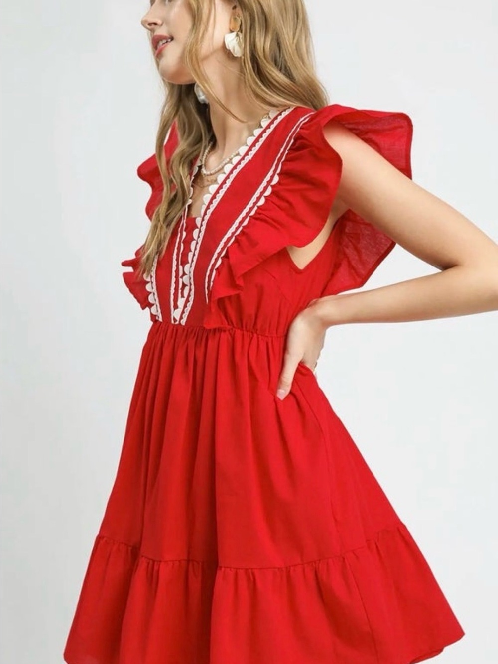 UMGEE Red Ruffled V-Neck Babydoll Dress with White Trim - Picture 2 of 4